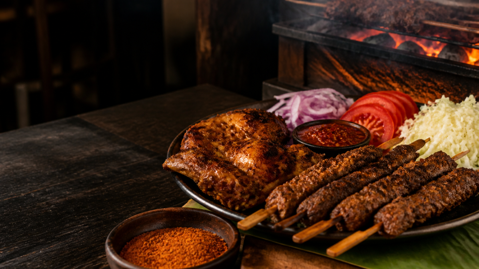 A platter of grilled suya, chicken and fresh vegetables beside a glowing charcoal grill